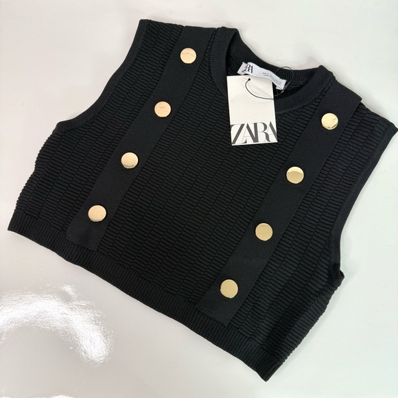 NEW ZARA M Black Sleeveless Crop Top Knit Vest Gold Button Accents Medium NWT - Picture 9 of 13